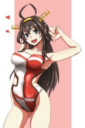 Rule 34 | 10s, 1girl, arms up, brown hair, collarbone, competition swimsuit, grey eyes, headgear, heart, highres, interlocked fingers, kantai collection, kongou (kancolle), long hair, one-piece swimsuit, open mouth, simple background, smile, solo, swimsuit, yaruku