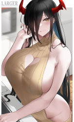 Rule 34 | 1girl, :p, absurdres, armpit peek, azur lane, bare shoulders, black hair, blush, breasts, cleavage, cleavage cutout, clothing cutout, dress, friedrich der grosse (azur lane), hair over one eye, halter dress, halterneck, highres, horns, huge breasts, larger bmx, long hair, looking at viewer, mechanical horns, nail polish, red horns, sideboob, sleeveless, sleeveless dress, solo, tongue, tongue out, very long hair, yellow eyes