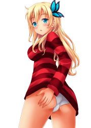 Rule 34 | 10s, 1girl, :o, ass, ass grab, blonde hair, blue eyes, blush, boku wa tomodachi ga sukunai, breasts, butterfly hair ornament, from behind, grabbing own ass, hair ornament, highres, kashiwazaki sena, large breasts, long hair, looking back, no pants, nottytiffy, open mouth, panties, parka, parted lips, sideboob, solo, striped clothes, striped sweater, sweater, underwear, white panties