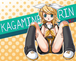 Rule 34 | 1girl, blonde hair, blue eyes, blush, breasts, cleft of venus, flat chest, harukigenia, kagamine rin, no panties, open fly, pussy, pussy peek, short hair, shorts, socks, solo, spread legs, uncensored, unzipped, upshorts, vocaloid, vocaloid2, wallpaper