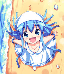 Rule 34 | :d, beach, blue eyes, blue hair, from above, hoshizaki hikaru, ikamusume, looking up, open mouth, outstretched arms, shinryaku! ikamusume, smile, solo, spread arms