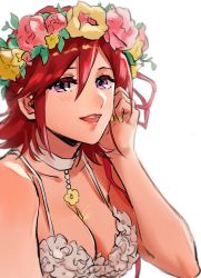 Rule 34 | 1girl, bare shoulders, blurry, breasts, choker, cleavage, depth of field, hand on own cheek, hand on own face, head wreath, highres, kaname buccaneer, large breasts, lipstick, looking at viewer, macross, macross delta, makeup, nail polish, open mouth, pote-mm, purple eyes, red hair, red lips, ribbon, short hair, sleeveless, smile, solo, yellow nails
