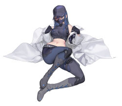 Rule 34 | 1girl, baseball cap, black footwear, black gloves, black hair, blue archive, boots, breasts, coat, commentary request, crop top, gloves, grey eyes, hat, highres, ki min-woo, large breasts, long sleeves, looking at viewer, lying, mask, midriff, mouth mask, navel, off shoulder, pants, saori (blue archive), simple background, solo, stomach, white background