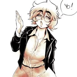 1girl blush breasts buttons cleavage curvy glasses highres huge_breasts jacket looking_at_viewer maxine_(balak) monochrome open_mouth original pants short_hair solo speech_bubble tight_clothes tight_pants waving white_background wide_hips yves_bigerel