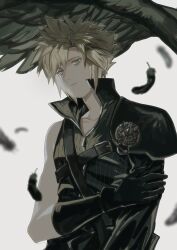 Rule 34 | 1boy, arm across chest, armor, asymmetrical sleeves, black feathers, black gloves, black vest, blonde hair, blurry, cloud strife, depth of field, earrings, elbow gloves, falling feathers, feathers, final fantasy, final fantasy vii, final fantasy vii advent children, gloves, grey background, high collar, highres, jewelry, keiseki1, male focus, muted color, parted lips, pauldrons, sad, sephiroth, short hair, shoulder armor, shoulder strap, single pauldron, solo focus, spiked hair, standing, stud earrings, upper body, vest
