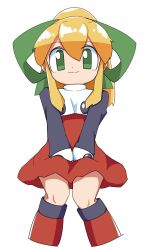 Rule 34 | 1girl, android, blonde hair, boots, cocia (kosianko), commentary request, dress, green eyes, green ribbon, hair ribbon, highres, long hair, long sleeves, looking at viewer, mega man (classic), mega man (series), ponytail, red dress, red footwear, red skirt, ribbon, roll (mega man), sidelocks, sitting, skirt, smile, solo, white background