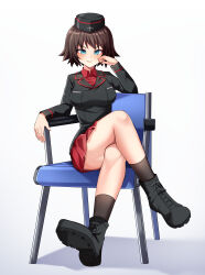 Rule 34 | 1girl, absurdres, ankle boots, black footwear, black hat, black jacket, black socks, blue eyes, boots, brown eyes, brown hair, chair, closed mouth, commentary, commission, crossed legs, dress shirt, elbow rest, english commentary, extra, garrison cap, girls und panzer, gradient background, grey background, hand on own face, hat, highres, insignia, jacket, kuromorimine military uniform, legs, long sleeves, looking at viewer, mauko (girls und panzer), military, military hat, military uniform, miniskirt, on chair, pleated skirt, red shirt, red skirt, shadow, shirt, short hair, sitting, skirt, smile, smirk, socks, solo, uniform, wing collar, zeroyama