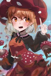 Rule 34 | 1girl, absurdres, blonde hair, blush, commentary request, dress, fang, highres, index finger raised, kyuuri99999, long sleeves, looking to the side, mushroom, open mouth, orange dress, orange eyes, original, red headwear, short eyebrows, short hair, skin fang, solo, touhou