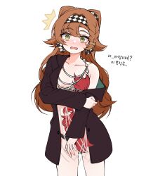 Rule 34 | 1girl, blush, braid, brown coat, checkered hairband, coat, collarbone, cosplay, embarrassed, feather dress, green eyes, highres, kkoma, korean commentary, korean text, long hair, looking at viewer, orange hair, revealing clothes, reverse:1999, schneider (reverse:1999), schneider (reverse:1999) (cosplay), single off shoulder, solo, sonetto (reverse:1999), white background, wide-eyed