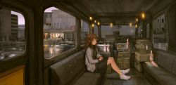 Rule 34 | 1girl, air conditioner, beer bottle, black skirt, bottle, brown eyes, brown hair, bus, car interior, cardigan, couch, day, from side, green socks, highres, lavender quartz, legs together, light bulb, lm7 (op-center), long hair, motor vehicle, on couch, open cardigan, open clothes, parted lips, pleated skirt, radio, receiver, right-hand drive, shoes, sitting, skirt, sneakers, socks, solo, string of light bulbs