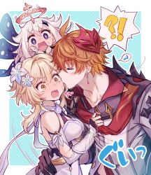Rule 34 | !?, 1boy, 2girls, ahoge, bare shoulders, black gloves, blonde hair, blush, breasts, cleavage, closed mouth, commentary request, dress, earrings, flower, genshin impact, gloves, hair between eyes, hair flower, hair ornament, half gloves, halo, highres, jewelry, kiss, kissing cheek, lumine (genshin impact), mask, mask on head, mechanical halo, medium breasts, multiple girls, musical note, natsukko 0606, open mouth, orange hair, paimon (genshin impact), partially fingerless gloves, red mask, red scarf, scarf, sleeveless, sleeveless dress, spoken musical note, star (symbol), star hair ornament, surprised, sweatdrop, v-shaped eyebrows, vision (genshin impact), white dress, white flower, white scarf, yellow eyes