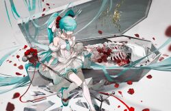 Rule 34 | 1girl, aqua bow, aqua hair, aqua nails, aqua necktie, bare shoulders, blood, blood on clothes, blurry, bow, broken glass, coffin, crown, depth of field, detached sleeves, dress, flower, footwear bow, full body, glass, grey background, hair flower, hair ornament, hair over eyes, hatsune miku, highres, holding, holding microphone stand, knee up, long hair, looking down, microphone stand, mini crown, nail polish, necktie, outstretched hand, outstretched leg, petals, pleated skirt, puffy sleeves, red flower, red ribbon, red rose, ribbon, rose, rose petals, rumoon, shiroi yuki no princess wa (vocaloid), sitting, skeleton, skirt, sleeveless, sleeveless dress, solo, thighhighs, train (clothing), twintails, very long hair, vocaloid, white dress, white flower, white footwear, white rose, white thighhighs, zettai ryouiki