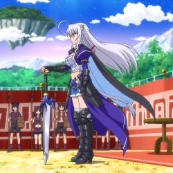 Rule 34 | 10s, animal ears, armor, dog days, hands on own hips, highres, leonmitchelli galette des rois, shorts, silver hair, stitched, sword, third-party edit, weapon, yellow eyes