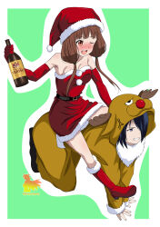 Rule 34 | 1boy, 1girl, ;d, absurdres, all fours, alternate costume, anger vein, angry, animal costume, antlers, artist name, bare shoulders, belt, black belt, black hair, blunt bangs, blush, boots, border, bottle, brand name imitation, breasts, brown eyes, brown hair, christmas, cleavage, clenched teeth, collarbone, commentary request, cosplay, dress, drunk, elbow gloves, eyelashes, fake antlers, feather-trimmed sleeves, full-face blush, full body, fur-trimmed boots, fur-trimmed dress, fur trim, girl on top, gloves, green background, hand up, happy, hat, hetero, highres, holding, holding bottle, hood, hood up, horns, iino miko, ishigami yuu, kaguya-sama wa kokurasetai ~tensai-tachi no renai zunousen~, kigurumi, long hair, looking afar, low twintails, metaminegl, one eye closed, open mouth, pom pom (clothes), red gloves, red nose, reindeer antlers, reindeer costume, santa boots, santa costume, santa dress, santa hat, short dress, short hair, simple background, sitting, small breasts, smile, spanish commentary, strapless, strapless dress, teeth, twintails, upper teeth only, white border