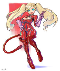 Rule 34 | 1girl, atlus, blonde hair, blue eyes, bodysuit, boots, breasts, gloves, hair ornament, hairclip, highres, large breasts, looking at viewer, oomasa teikoku, open mouth, persona, persona 5, sega, skin tight, solo, takamaki anne, thick thighs, thigh boots, thighhighs, thighs, twintails, v
