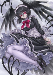 Rule 34 | 1girl, alternate costume, apron, back bow, bird girl, bird tail, bird wings, black dress, black footwear, black hair, bow, bowtie, collar, dress, enmaided, frilled apron, frilled collar, frilled dress, frills, glowing, glowing eyes, head wings, high collar, highres, kemono friends, kosai takayuki, long sleeves, looking at viewer, maid, maid apron, maid day, mary janes, pantyhose, red bow, red bowtie, red eyes, shoes, short hair, sidelocks, sleeve cuffs, solo, tail, white apron, white pantyhose, wings, yatagarasu (kemono friends)