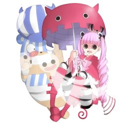 Rule 34 | 1girl, absurdres, black eyes, boots, capelet, drill hair, ghost, highres, kumacy, long hair, naruto maki, one piece, pantyhose, perona, pink hair, red footwear, shoes, simple background, striped clothes, striped pantyhose, thriller bark, umbrella