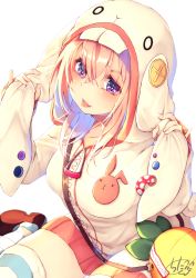 Rule 34 | 1girl, animal ears, animal hood, bag, breasts, brown footwear, chita (ketchup), collarbone, commentary request, fake animal ears, fangs, fingernails, hair between eyes, hand on own ear, hands up, highres, hood, hood up, hooded jacket, jacket, light brown hair, long hair, long sleeves, medium breasts, original, parted lips, pleated skirt, purple eyes, rabbit ears, rabbit hood, red skirt, shoes, shoulder bag, simple background, sitting, skirt, sleeves past wrists, solo, striped clothes, striped thighhighs, thighhighs, tongue, tongue out, wariza, white background, white jacket, zipper pull tab