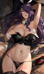 Rule 34 | 1girl, animal ears, bare shoulders, black panties, breasts, camilla (fire emblem), cleavage, fire emblem, fire emblem fates, garter straps, hair over one eye, highres, j@ck, large breasts, leotard, long hair, navel, nintendo, nontraditional playboy bunny, panties, playboy bunny, purple eyes, purple hair, rabbit ears, solo, stomach, strapless, thighs, underwear, very long hair, wavy hair
