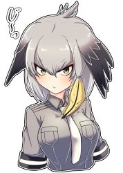 Rule 34 | 10s, 1girl, black hair, chawan (yultutari), commentary request, cropped torso, dress shirt, frown, grey hair, grey shirt, head wings, highres, kemono friends, looking at viewer, multicolored hair, necktie, no arms, shirt, shoebill (kemono friends), short hair, short sleeves, simple background, solo, staring, white background, white necktie, wings, yellow eyes