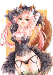 Rule 34 | 10s, 1girl, alternate costume, animal ear fluff, animal ears, arm tattoo, armpits, black panties, blush, breasts, cleavage, corset, cowboy shot, eyes visible through hair, fate/extra, fate/grand order, fate (series), fox ears, fox tail, fuyu yasai, garter straps, gothic wa mahou otome, hair between eyes, highres, large breasts, looking at viewer, open mouth, panties, pink hair, solo, sparkle, tagme, tail, tamamo (fate), tamamo no mae (fate/extra), tattoo, thighhighs, underwear, yellow eyes