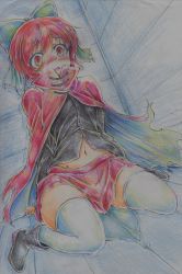 Rule 34 | 1girl, absurdres, bad id, bad pixiv id, blush, bow, cape, colored pencil (medium), hair bow, highres, long sleeves, nichibotsu (kitaziman), open mouth, pee, peeing, peeing self, red eyes, red hair, sekibanki, short hair, skirt, solo, tears, thighhighs, touhou, traditional media, white thighhighs