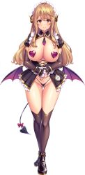Rule 34 | 1girl, blonde hair, blush, boku ga incubus ni naru tame ni kyou kara succubus to lesson shimasu, bow, breastless clothes, breasts, charlotte (boku ga incubus ni naru tame ni kyou kara succubus to lesson shimasu), curled horns, demon girl, demon horns, demon tail, demon wings, detached sleeves, facing viewer, gluteal fold, heart pasties, highres, horns, huge breasts, kneehighs, long hair, looking at viewer, low wings, mole, mole on breast, necktie, non-web source, official art, own hands together, pasties, photoshop (medium), short necktie, smile, socks, solo, standing, tachi-e, tail, tail bow, tail ornament, thigh gap, thong, transparent background, watch, wings, yellow eyes
