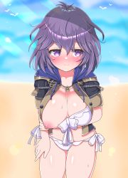 Rule 34 | 1girl, absurdres, bernadetta von varley, bikini, blush, breasts, cleavage, fire emblem, fire emblem: three houses, full-face blush, highres, large breasts, matching hair/eyes, nintendo, nipples, one breast out, outdoors, purple eyes, purple hair, solo, swimsuit, white background