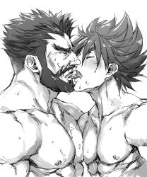 Rule 34 | 2boys, artist request, bara, beard, blush, cheekbones, couple, facial hair, french kiss, from side, full beard, greyscale, highres, kiss, male focus, mature male, monochrome, multiple boys, muscular, muscular male, nipples, original, pectoral docking, pectoral press, profile, saliva, thick eyebrows, yaoi