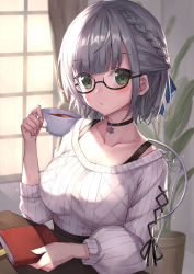 Rule 34 | 1girl, absurdres, ahoge, black choker, blunt bangs, blush, book, bookmark, braid, breasts, choker, closed mouth, collarbone, commentary request, cup, curtains, french braid, glasses, green eyes, hair ribbon, highres, holding, holding book, holding cup, hololive, indoors, large breasts, looking at viewer, masaki (msk064), official alternate costume, plant, potted plant, ribbed sweater, ribbon, semi-rimless eyewear, shirogane noel, shirogane noel (casual), short hair, silver hair, sitting, smile, solo, sunlight, sweater, teacup, upper body, virtual youtuber, white sweater, window