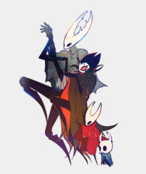 Rule 34 | 4others, broken mask, cape, child, cloak, colored sclera, from side, full body, grey background, grey cloak, grimm (hollow knight), highres, hollow eyes, hollow knight, hollow knight (character), hornet (hollow knight), horns, joints, knee up, knight (hollow knight), korean commentary, mask, multiple others, no humans, no pupils, red cloak, red sclera, shak (gongi), simple background, yotsubato!, yotsubato! pose