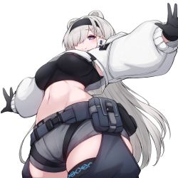 Rule 34 | 1girl, absurdres, animal ears, arknights, aurora (arknights), bear ears, bear girl, black gloves, black hairband, blue eyes, chaps, cowboy shot, cropped jacket, from below, gloves, grey hair, grey shorts, hair over one eye, hairband, highres, infection monitor (arknights), jacket, long hair, looking at viewer, looking down, midriff, navel, outstretched arms, rikuguma, shorts, smile, solo, spread arms, white jacket