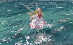 Rule 34 | 1girl, blonde hair, blue eyes, bow, bowtie, capelet, closed eyes, dress, fairy, fairy wings, full body, hat, hat bow, lily white, long hair, long sleeves, looking at viewer, outdoors, outstretched arms, petals, petals on liquid, red bow, red bowtie, reflection, reflective water, ripples, socks, solo, spread arms, standing, standing on liquid, standing on one leg, touhou, ushitsuchi, water, white capelet, white dress, white hat, white socks, wings
