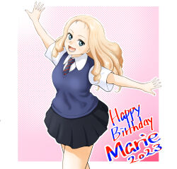 Rule 34 | 1girl, 2023, adapted costume, bc freedom school uniform, birthday, black skirt, blonde hair, blue eyes, blue necktie, blue sweater vest, character name, commentary, dress shirt, drill hair, english text, girls und panzer, happy birthday, highres, long hair, marie (girls und panzer), mashalxxxxxx, miniskirt, necktie, open mouth, outline, outstretched arms, pink background, pleated skirt, school uniform, shirt, short sleeves, skirt, smile, solo, spread arms, standing, sweater vest, v-neck, white outline, white shirt, wing collar