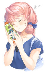 Rule 34 | 1girl, absurdres, akashi (kancolle), bag, blue ribbon, blue shirt, blush, bottle, closed eyes, commentary request, cropped torso, green tea, hair ribbon, highres, holding, holding bottle, kantai collection, official alternate costume, ooyodo (kancolle), parted lips, pink hair, ribbon, rom (rommmoon), shirt, shoulder bag, simple background, solo, sweat, tea, white background