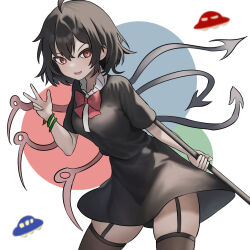 Rule 34 | asymmetrical wings, black dress, black hair, black thighhighs, blue wings, bow, bowtie, dress, holding, holding weapon, houjuu nue, light smile, looking at viewer, polearm, red bow, red bowtie, red eyes, red wings, simple background, snake, solo, thighhighs, thighs, touhou, ufo, v, weapon, wings, zettai ryouiki