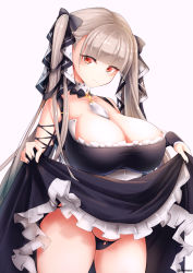 Rule 34 | 1girl, absurdres, azur lane, bare shoulders, between breasts, black dress, black nails, black panties, black ribbon, breasts, cleavage, clothes lift, cowboy shot, detached collar, dress, dress lift, formidable (azur lane), frilled dress, frills, gothic lolita, highres, large breasts, lolita fashion, long hair, looking at viewer, monneko, nail polish, panties, platinum blonde hair, red eyes, ribbon, skirt hold, solo, standing, string panties, twintails, two-tone dress, two-tone ribbon, underwear, very long hair