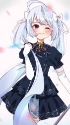 Rule 34 | 1girl, ahoge, assault lily, black dress, black ribbon, blurry, blurry background, blurry foreground, blush, bow, buttons, commentary request, confetti, cowboy shot, dress, elbow gloves, frilled sleeves, frills, gloves, gradient background, grey background, grey hair, hair bow, hand up, highres, holding, holding own hair, layered dress, light smile, long hair, looking at viewer, md5 mismatch, miriam hildegard von gropius, neck ribbon, official alternate costume, one eye closed, puffy short sleeves, puffy sleeves, purple eyes, resolution mismatch, ribbon, short sleeves, sithe, solo, source larger, standing, tearing up, thighhighs, twintails, two-tone ribbon, very long hair, white bow, white gloves, white ribbon, white thighhighs