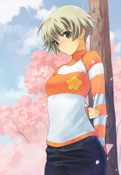 Rule 34 | 1girl, arms behind back, blonde hair, brown eyes, cherry blossoms, hirokiku, holding own arm, letter, light brown hair, love letter, original, petals, short hair, shy, solo, star (symbol), striped, sweater