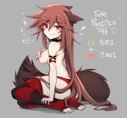 1girl animal_ears armlet breasts collar cry_(crydiaa) crydiaa_(artist) fang grey_background heart highres indie_virtual_youtuber jewelry long_hair original pointy_hair red_eyes red_hair sideboob striped_clothes striped_thighhighs sweat tail thighhighs wolf_ears