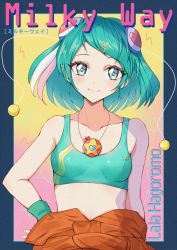 Rule 34 | 1girl, bad id, bad pixiv id, bare arms, bare shoulders, black border, blue eyes, blush, border, bra, breasts, character name, closed mouth, clothes around waist, collarbone, commentary request, english text, green bra, green hair, hagoromo lala, hair ornament, hairclip, hand on own hip, head tilt, heart, highres, jewelry, looking at viewer, multicolored hair, necklace, pink background, pink hair, precure, rudo (rudorudo0917), short hair, sidelocks, small breasts, smile, solo, sports bra, standing, star-shaped pupils, star (symbol), star twinkle precure, streaked hair, sweatband, symbol-shaped pupils, underwear, white hair, wristband, yellow background