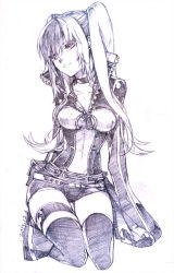 Rule 34 | 1girl, belt, boots, breasts, choker, d.gray-man, head tilt, kistina, lenalee lee, long hair, monochrome, pixiv thumbnail, popped collar, resized, shorts, simple background, sitting, solo, thigh strap, thighhighs, traditional media, twintails, wariza, zipper