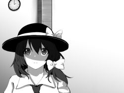 Rule 34 | 1girl, berabou, bow, clock, commentary, greyscale, hair bow, hair ornament, hat, hat ribbon, monochrome, necktie, ribbon, shirt, short hair, solo focus, touhou, transparent background, usami renko