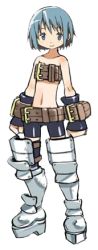 Rule 34 | 10s, 1girl, alternate costume, armor, bare shoulders, belt, bike shorts, blue eyes, blue hair, clenched hand, clenched hands, disgaea, full body, jpeg artifacts, lowres, mahou shoujo madoka magica, matching hair/eyes, midriff, miki sayaka, navel, smile, solo, standing, transparent background, warrior (disgaea)