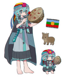 1girl alternate_costume aqua_eyes aqua_hair barefoot chibi chile commission deer dress drum flag full_body grey_dress hatsune_miku highres holding holding_instrument instrument long_hair multiple_views ri_(qrcode) simple_background twintails vocaloid walking white_background worldwide_miku