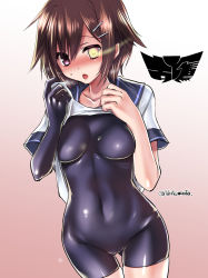 Rule 34 | 10s, 1girl, bad id, bad pixiv id, blush, bodysuit, breasts, brown hair, clothes lift, covered navel, cowboy shot, elbow gloves, furutaka (kancolle), furutaka kai ni (kancolle), gloves, glowing, glowing eye, glowing eyes, gradient background, hair ornament, hair over one eye, hairclip, heterochromia, kantai collection, large breasts, looking at viewer, open mouth, pink background, pink eyes, sailor collar, school uniform, serafuku, shirt lift, short hair, short sleeves, single elbow glove, single glove, skin tight, solo, thigh gap, tokita monta, twitter username, yellow eyes