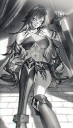 Rule 34 | 1girl, abs, absurdres, arm armor, blurry, blurry background, blurry foreground, boots, breasts, criss-cross halter, crossed bangs, dehya (genshin impact), depth of field, genshin impact, greatsword, greyscale, grin, halterneck, highres, long hair, looking at viewer, midriff, monochrome, muscular, muscular female, navel, rhine (overtonerhine), sitting, smile, solo, spot color, stomach, sword, thigh boots, very long hair, weapon
