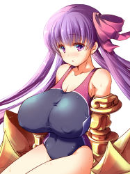 Rule 34 | 1girl, absurdres, breasts, cleavage, covered erect nipples, fate/extra, fate/extra ccc, fate/grand order, fate (series), fujiyama takashi, hair ribbon, highres, huge breasts, long hair, looking at viewer, one-piece swimsuit, passionlip (fate), pink ribbon, purple eyes, purple hair, purple ribbon, ribbon, solo, swimsuit, water drop