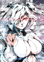 1girl absurdres breasts cinderella_(nikke) cleavage cleavage_cutout clothing_cutout commentary distortion glowing glowing_eyes goddess_of_victory:_nikke hair_over_one_eye hand_up highres large_breasts long_hair looking_at_viewer nora_(zyrr2277) red_eyes solo static twintails upper_body white_hair