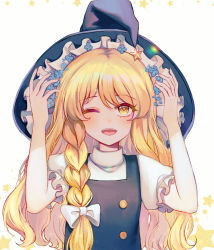 Rule 34 | 1girl, black dress, black hat, blonde hair, blue flower, bow, braid, buttons, dress, eyes visible through hair, flower, frills, hair between eyes, hair bow, hands up, hat, hat bow, kirisame marisa, long hair, looking up, one eye closed, open mouth, puffy short sleeves, puffy sleeves, shirt, short sleeves, simple background, single braid, smile, solo, star-shaped pupils, star (symbol), symbol-shaped pupils, teeth, tongue, touhou, touhouproject16, upper body, white background, white bow, white shirt, witch hat, yellow eyes